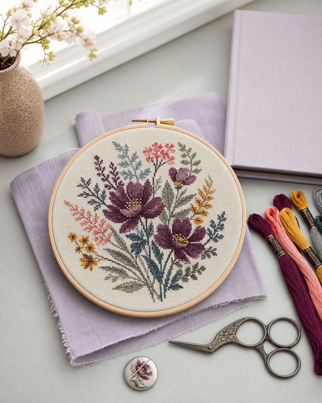 A finished botanical cross-stitch project with organized embroidery supplies.