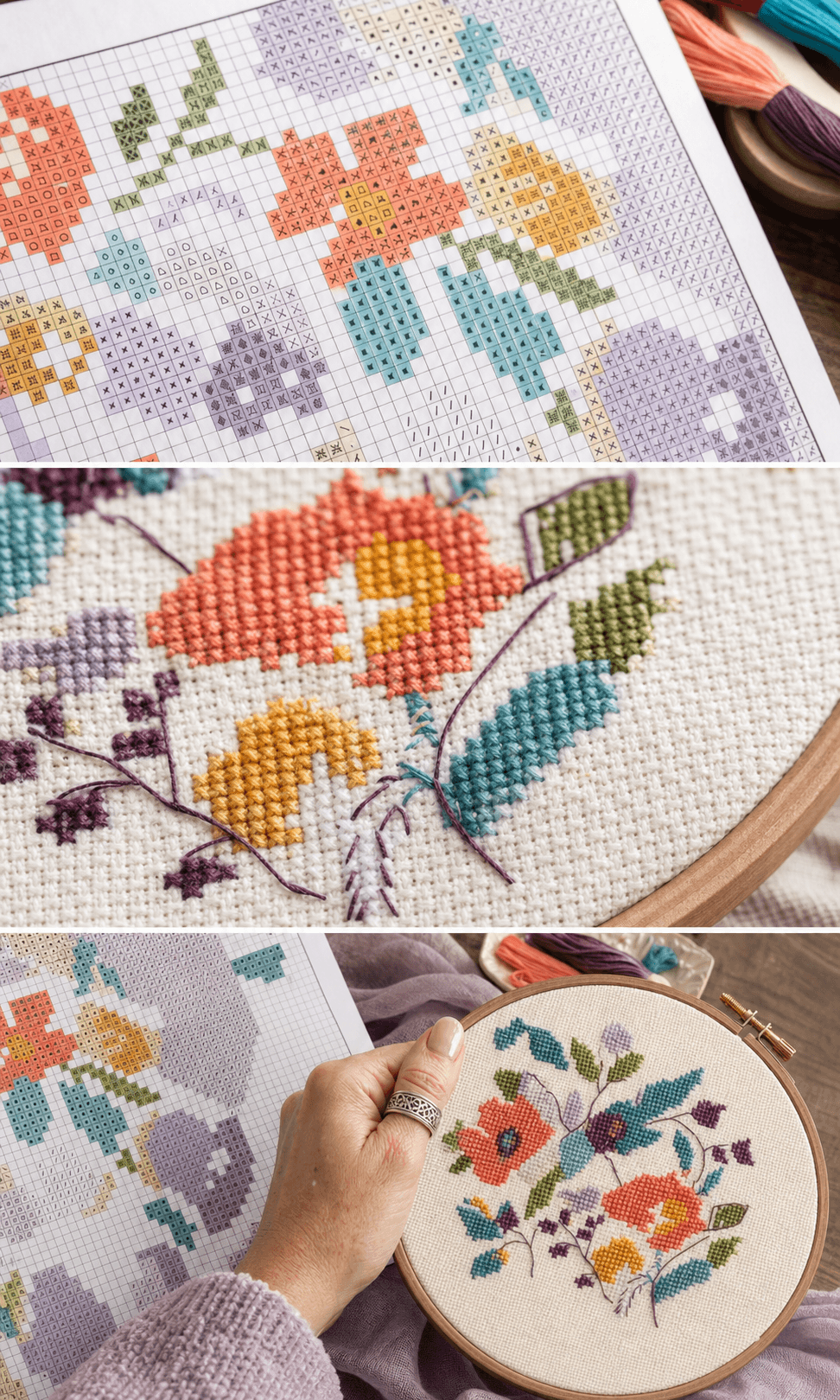 Detailed views of chart symbols, fractional stitches, and a work in progress.